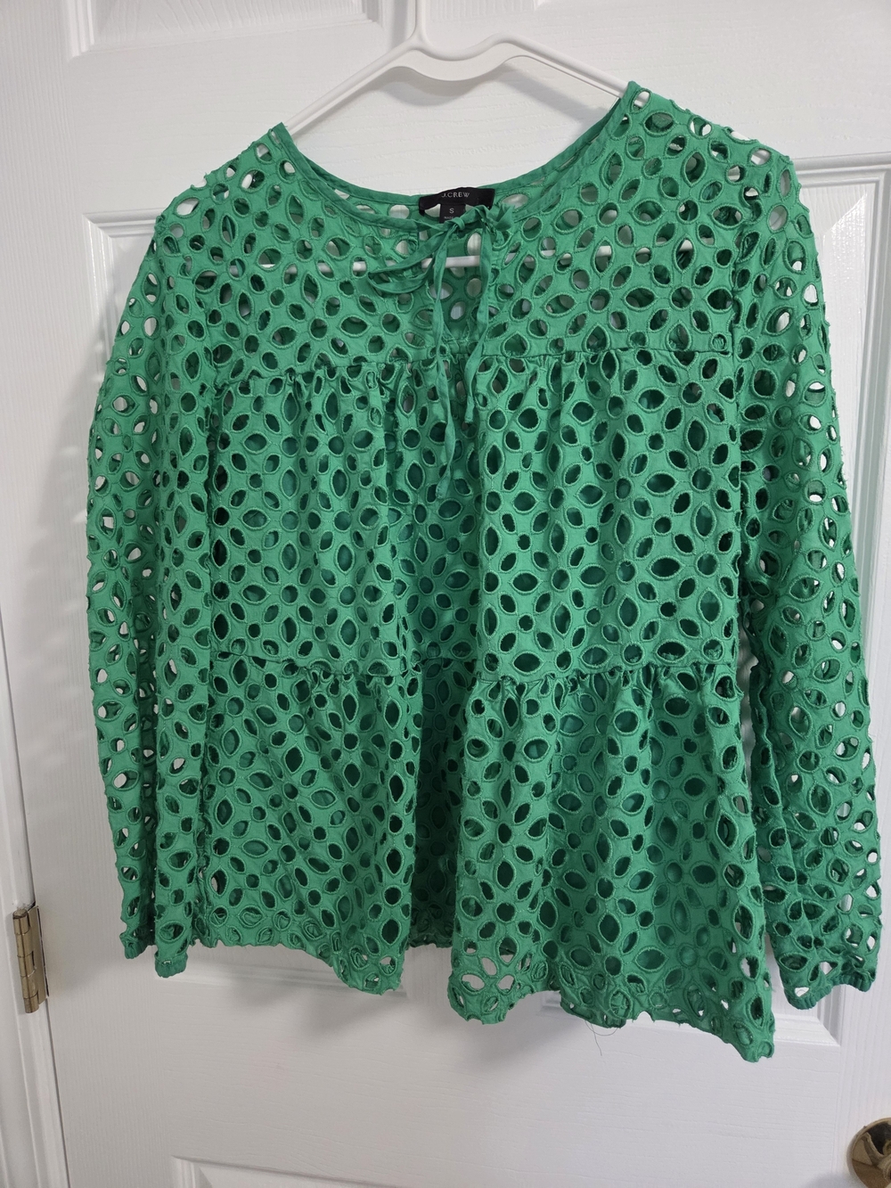 J. Crew Green Eyelet Tie-Neck Peplum Blouse